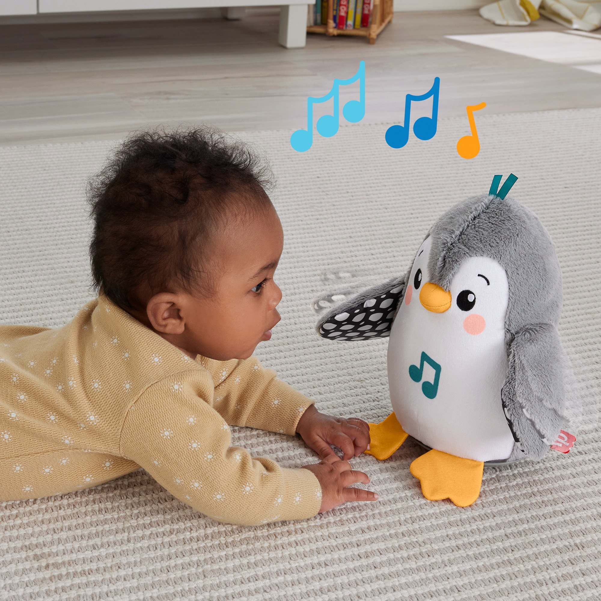 Fisher-Price Flatter & Wackel Pinguin, Kuscheltier schwarz/weiß, zum Spielen in der Bauchlage, mit Musik