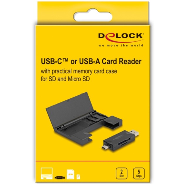 DeLOCK Card Reader USB 5 Gbps USB Type-C / Typ-A für SD, MMC, microSD, Kartenleser schwarz