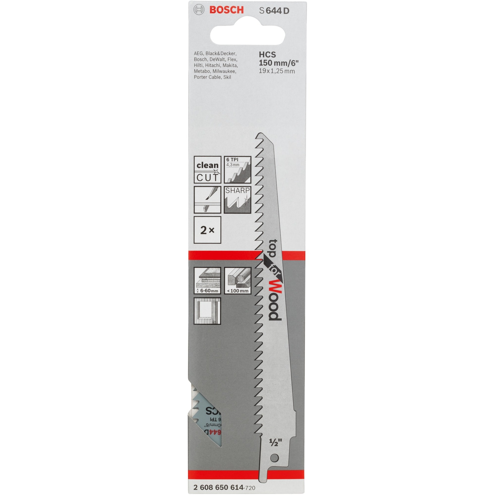 Bosch Säbelsägeblatt S 644 D Top for Wood, 2 Stück Länge 150mm
